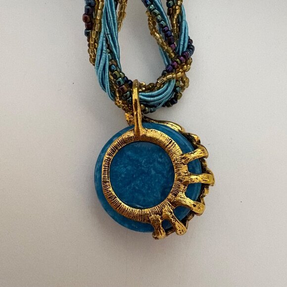 Blue Gold Tone Peacock Pendant Necklace Braided Beads Bohemian Statement NEW - Picture 5 of 7
